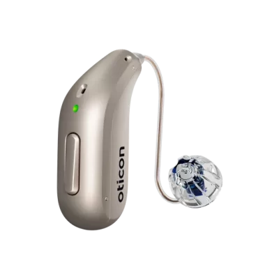 Oticon_Intent_miniRITE_H1-2024_Left_C090ChromaBeige_LEDgreen_Speaker60_OpenBassDome_1200x1200px_Original file